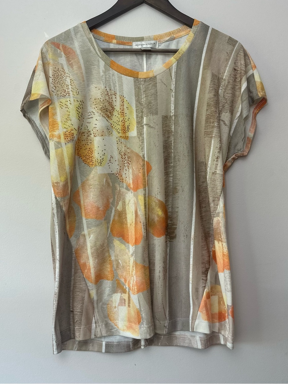 Christopher & Banks Women’s Large Floral Abstract Rhinestone Short Sleeve Top